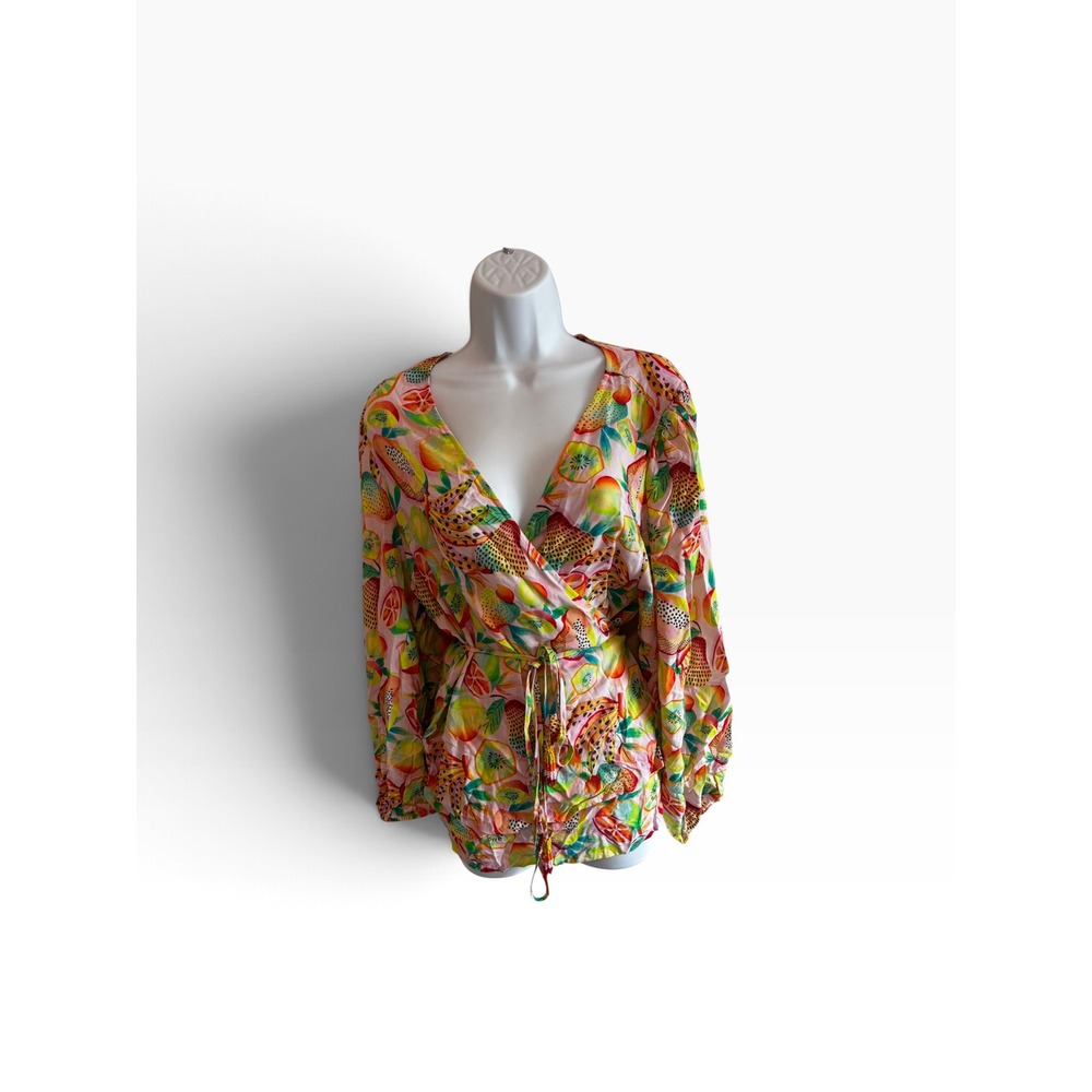 NWT Farm Rio Anthropologie Wrap Top XL Multi Tropical Fruit Beaded Tassel Summer